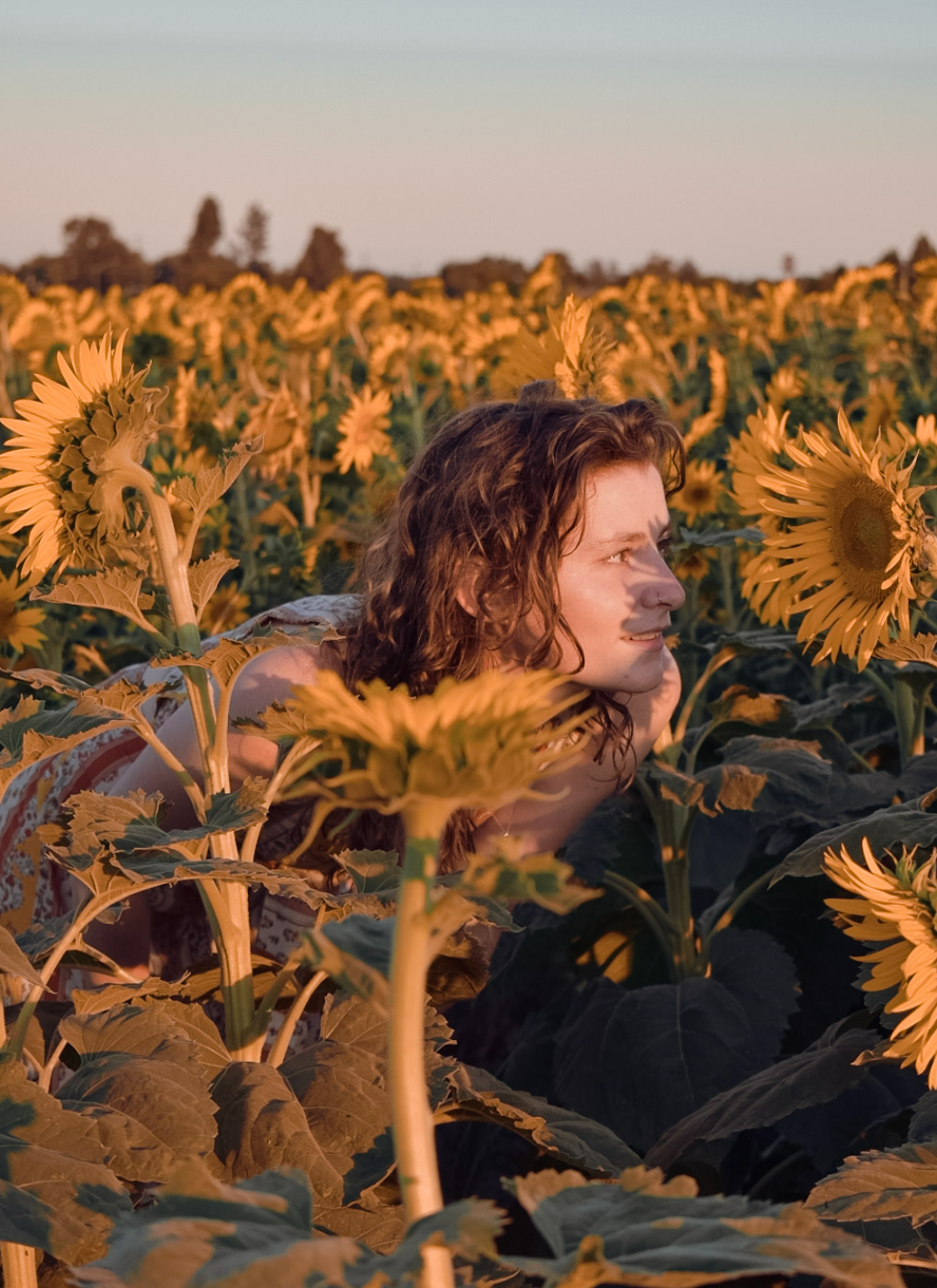 Nissa stands in a sunflower field and smiles while admiring a bloom. The shadow of the flower is cast on her face. There is a soft sunset gradient from pink to blue behind her