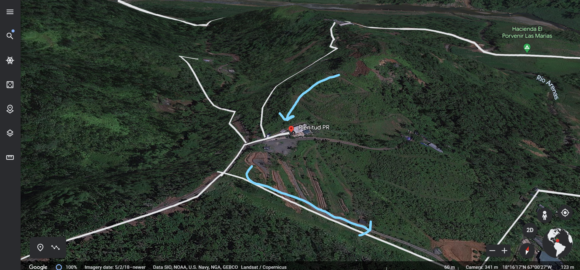 3D view of the farm with arrows pointing to the downward direction of slope on the farm. You can vaguely see the curve of the hills.